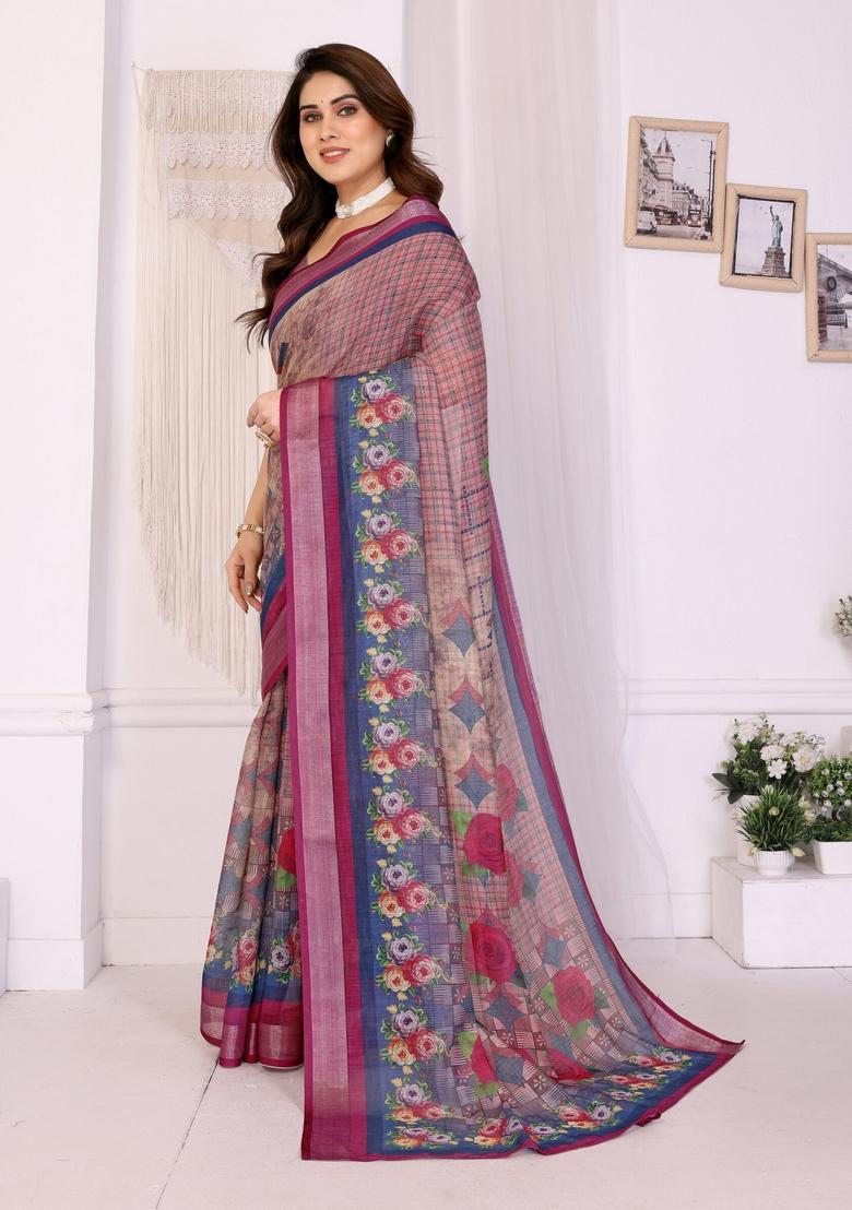 Wine Printed Linen Saree Set - Indya