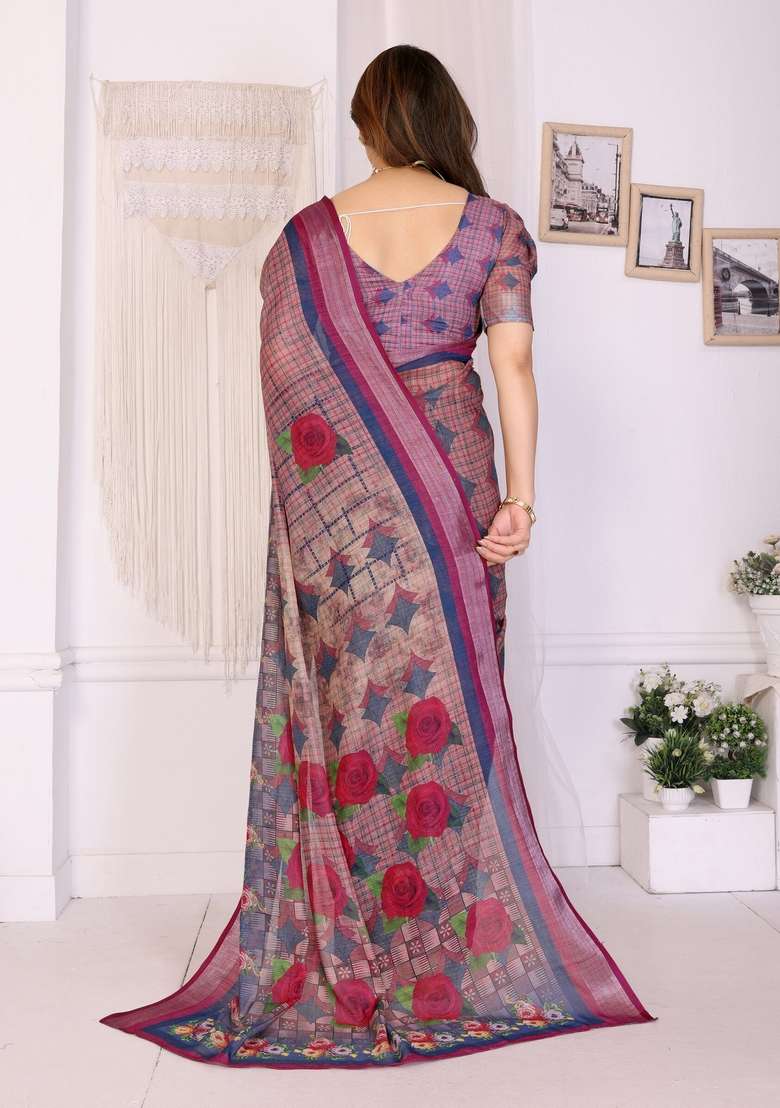 Wine Printed Linen Saree Set for Diwali and Festive Wear - Indya