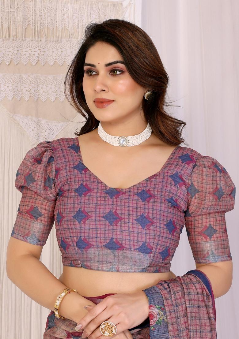 Wine Printed Linen Saree Set - Indya