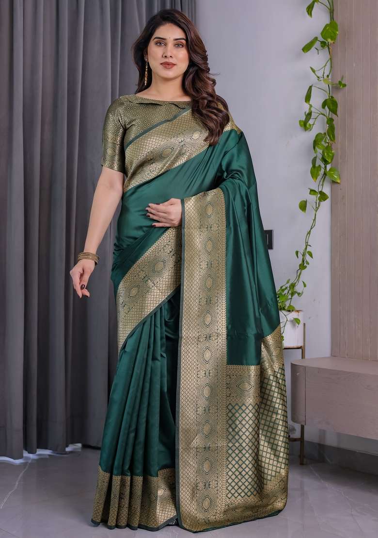 Green Zari Work Silk Blend Saree Set for Diwali and Festive Wear - Indya