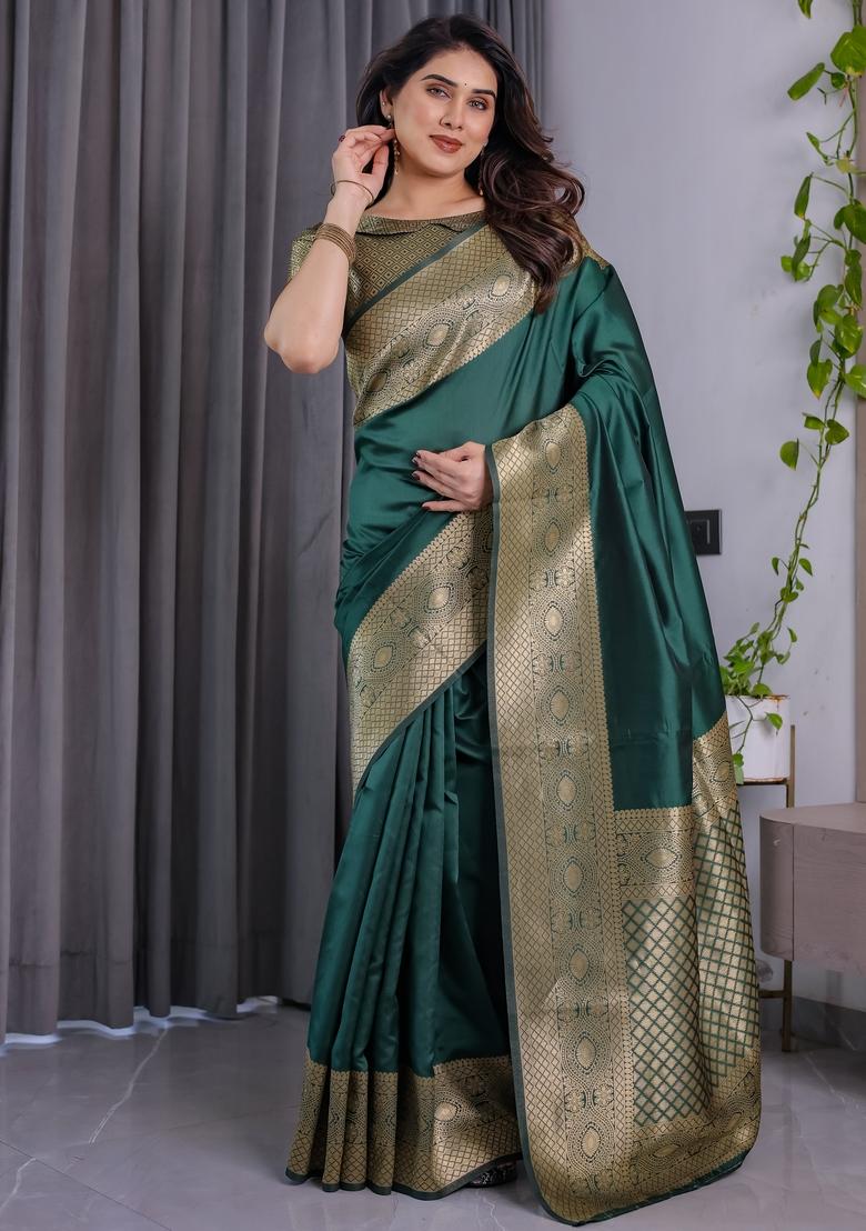 Green Zari Work Silk Blend Saree Set - Indya