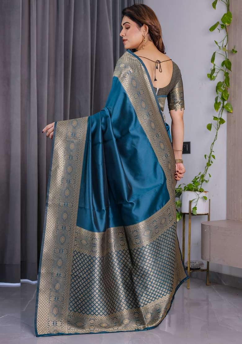 Blue Silk Blend Saree Set with Zari Work for Diwali | Wedding & Festive Wear - Indya