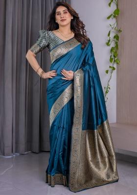 Blue Zari Work Silk Blend Saree Set