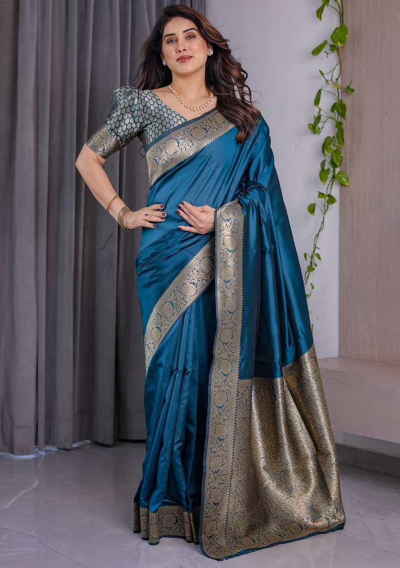 Blue Silk Blend Saree Set with Zari Work for Diwali | Wedding & Festive Wear - Indya