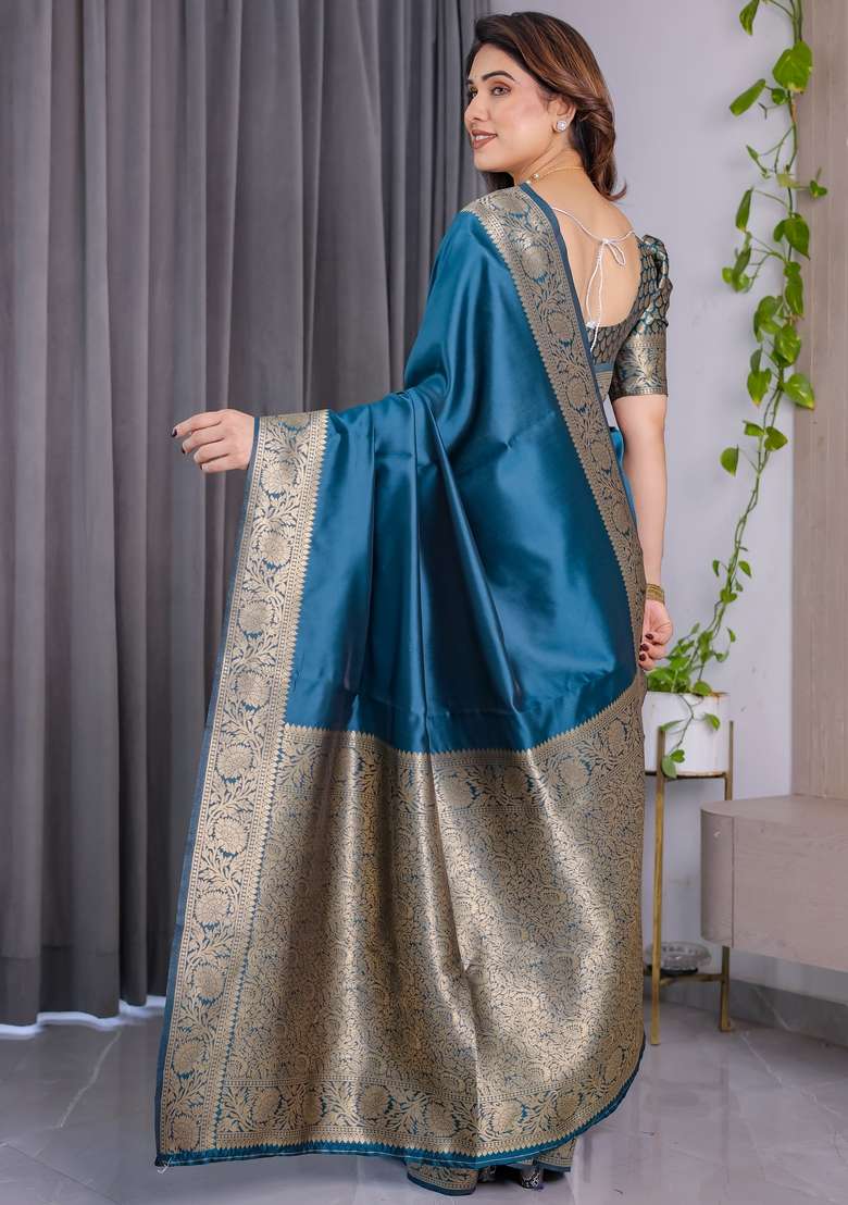 Blue Silk Blend Saree Set with Zari Work for Diwali | Wedding & Festive Wear - Indya
