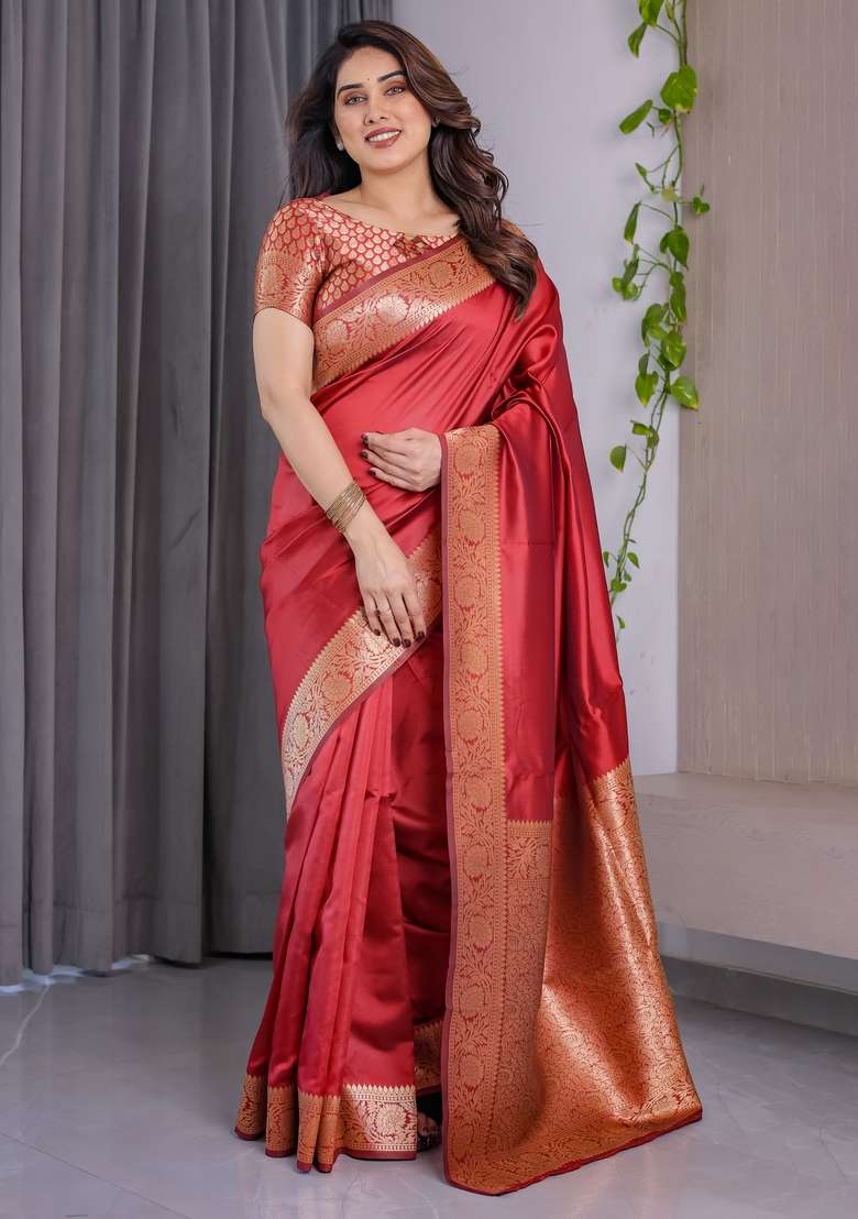 Red Zari Work Silk Blend Saree Set for Diwali and Festive Wear - Indya