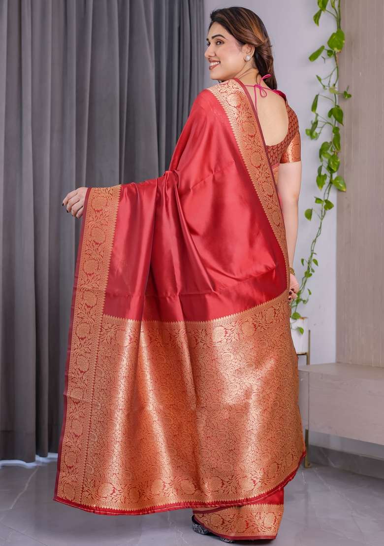 Red Zari Work Silk Blend Saree Set for Diwali and Festive Wear - Indya