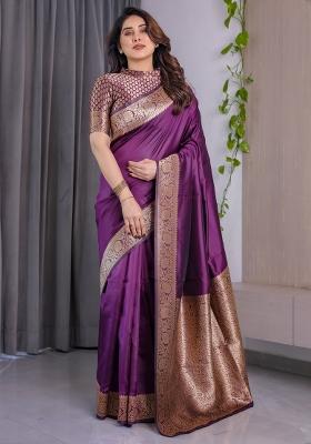 Wine Zari Work Silk Blend Saree Set