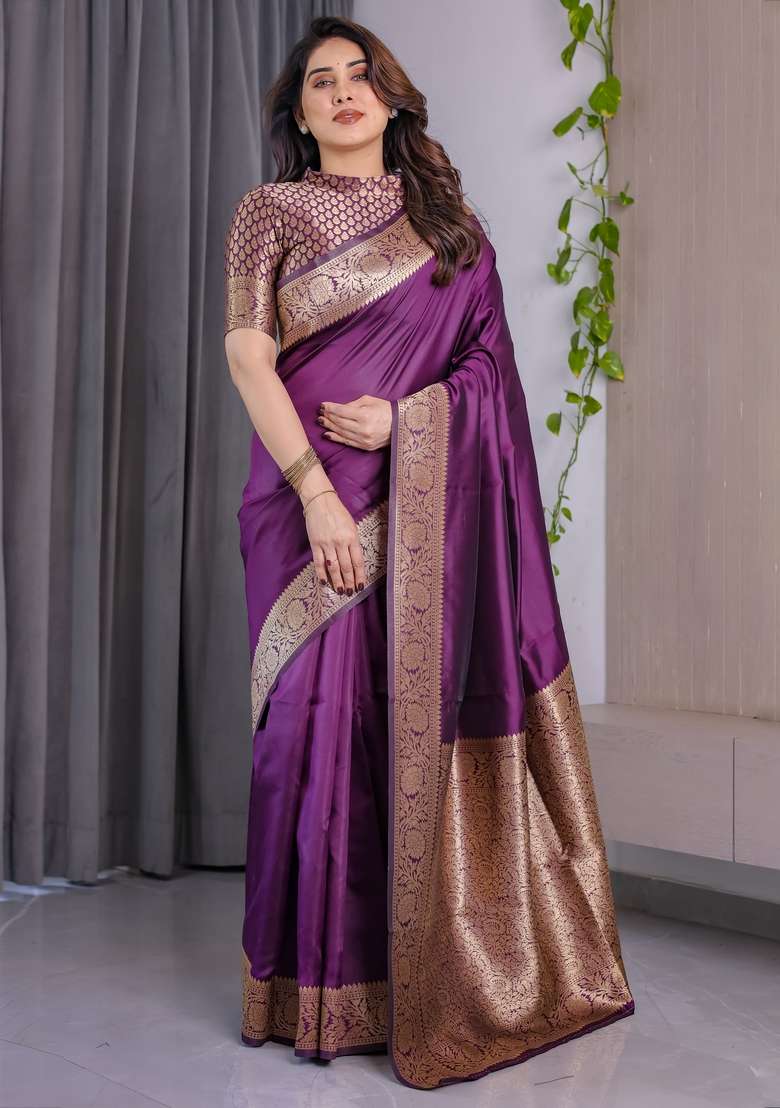 Wine Silk Blend Saree Set with Zari Work for Diwali | Wedding & Festive Wear - Indya