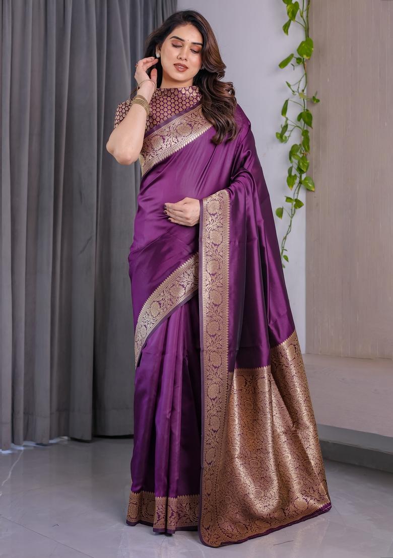 Wine Zari Work Silk Blend Saree Set - Indya