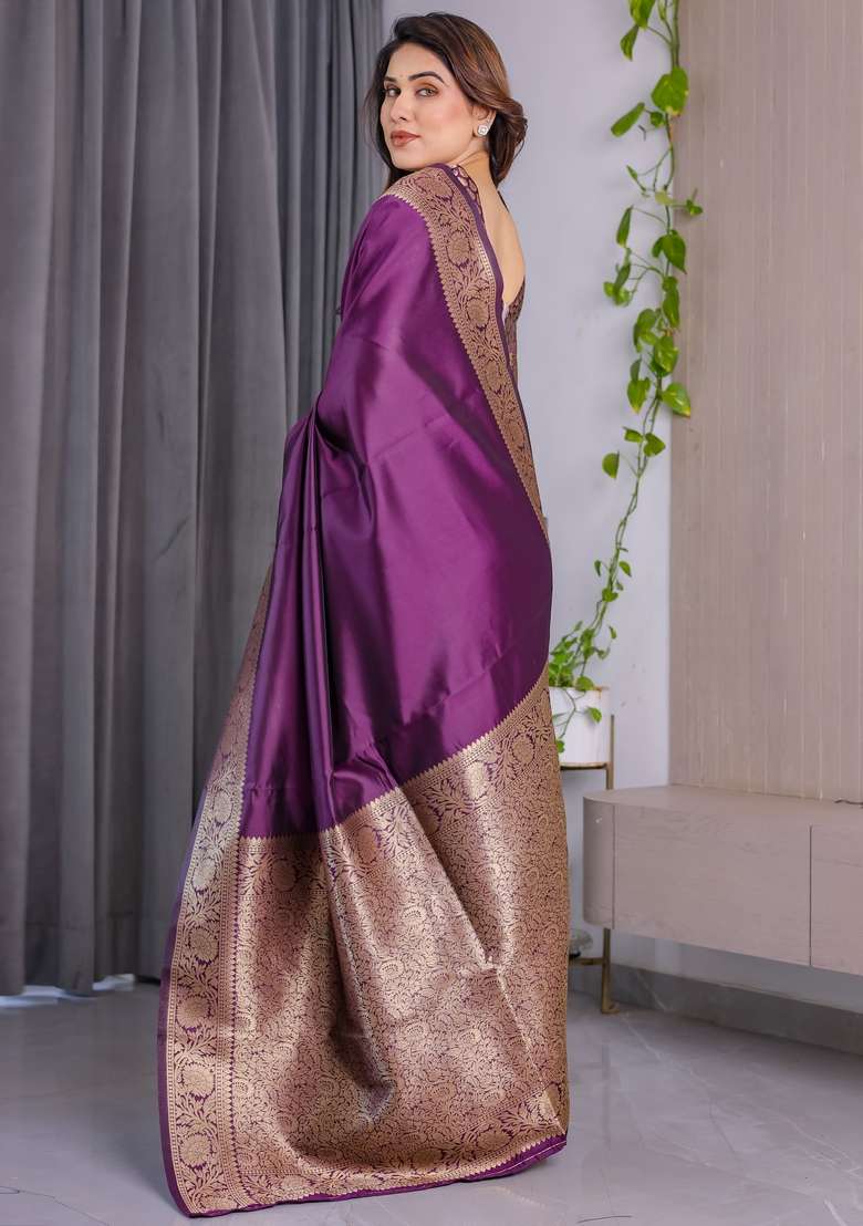 Wine Silk Blend Saree Set with Zari Work for Diwali | Wedding & Festive Wear - Indya