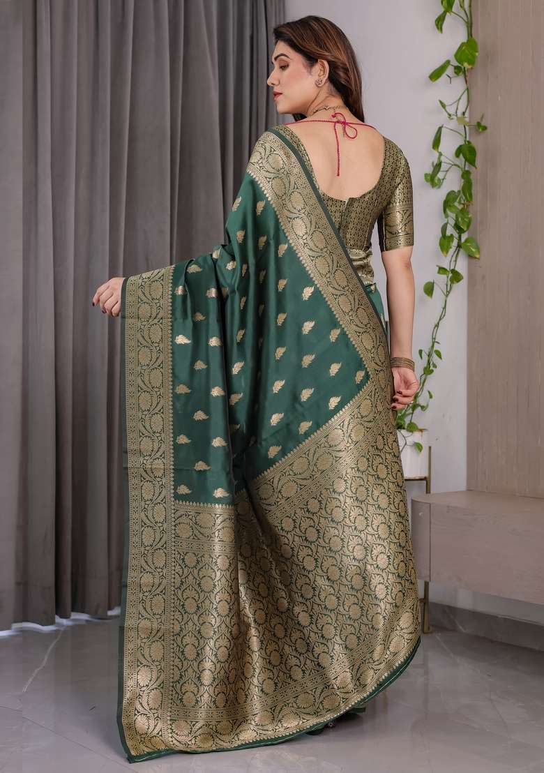 Green Zari Work Silk Blend Saree Set for Diwali and Festive Wear - Indya