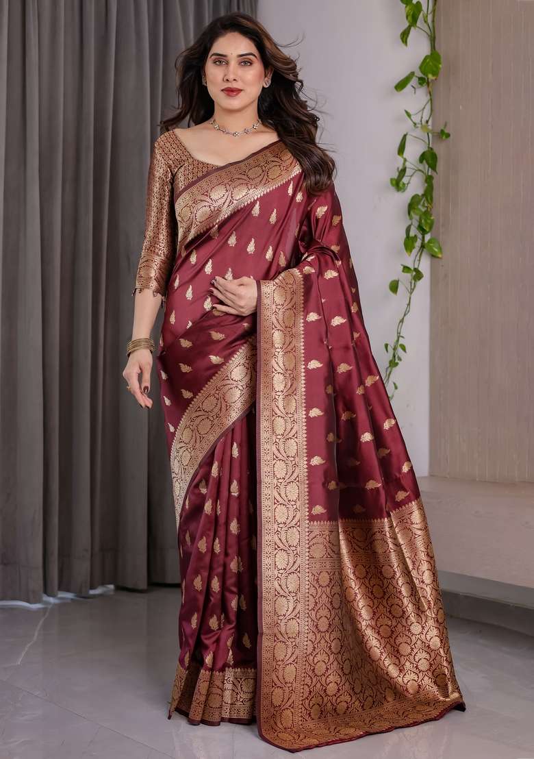 Maroon Silk Blend Saree Set with Zari Work for Diwali | Wedding & Festive Wear - Indya
