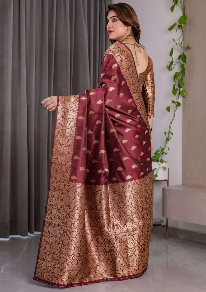 Maroon Silk Blend Saree Set with Zari Work for Diwali | Wedding & Festive Wear - Indya