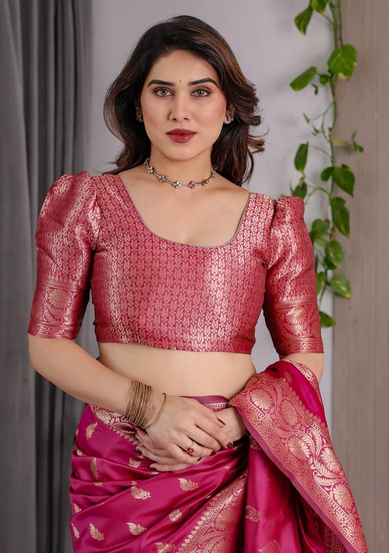 Pink Zari Work Silk Blend Saree Set - Indya
