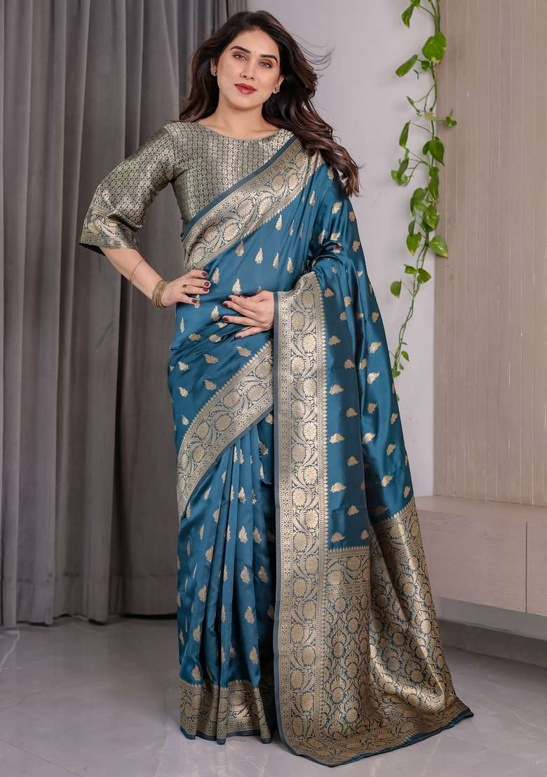 Blue Zari Work Silk Blend Saree Set for Diwali and Festive Wear - Indya