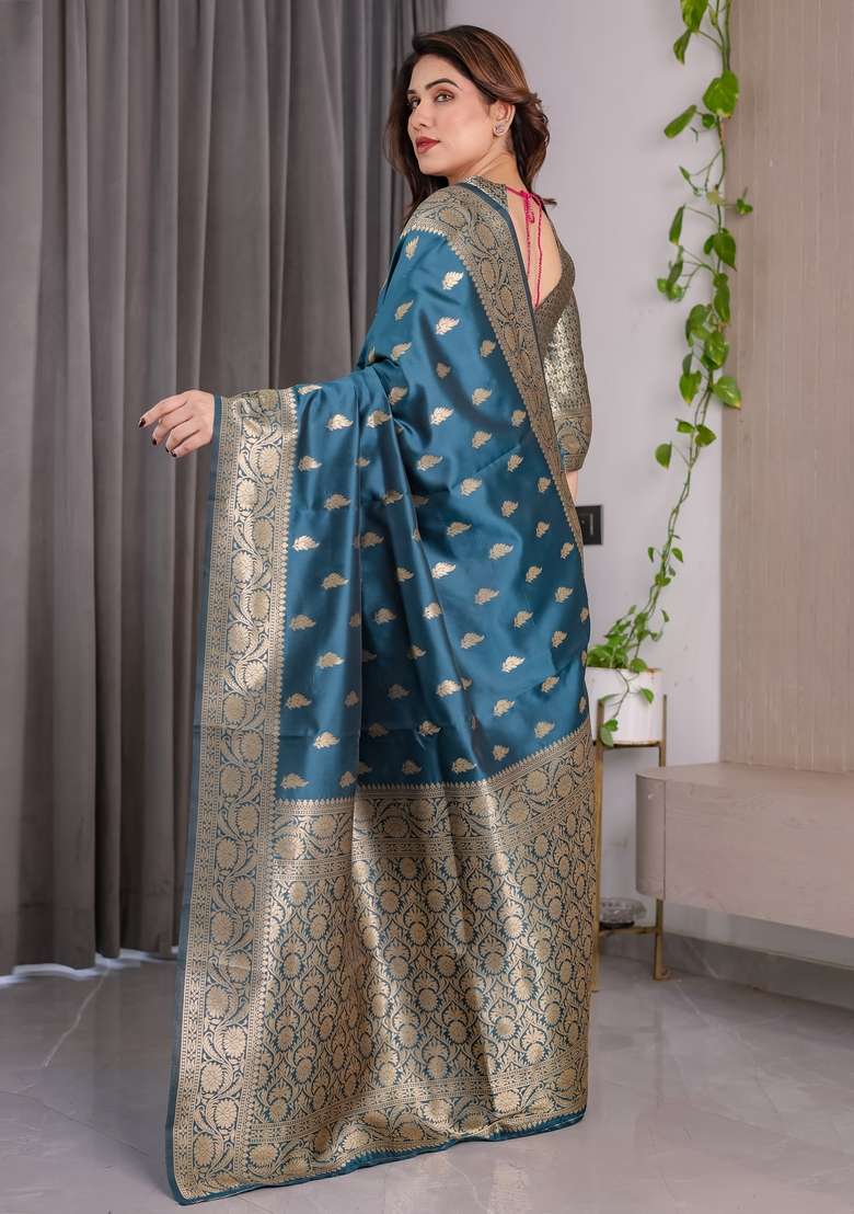 Blue Zari Work Silk Blend Saree Set for Diwali and Festive Wear - Indya
