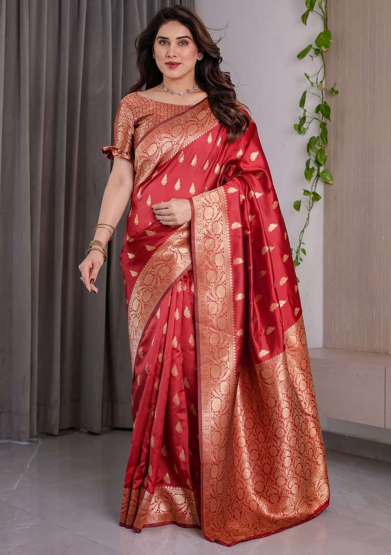 Red Zari Work Silk Blend Saree Set for Diwali and Festive Wear - Indya