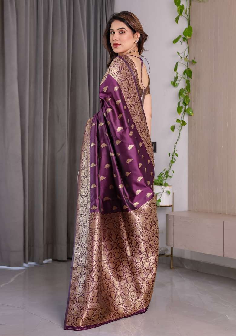 Wine Zari Work Silk Blend Saree Set for Diwali and Festive Wear - Indya