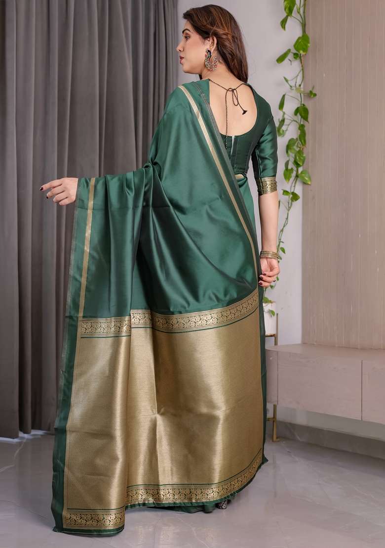 Green Silk Blend Saree Set with Zari Work for Diwali | Wedding & Festive Wear - Indya
