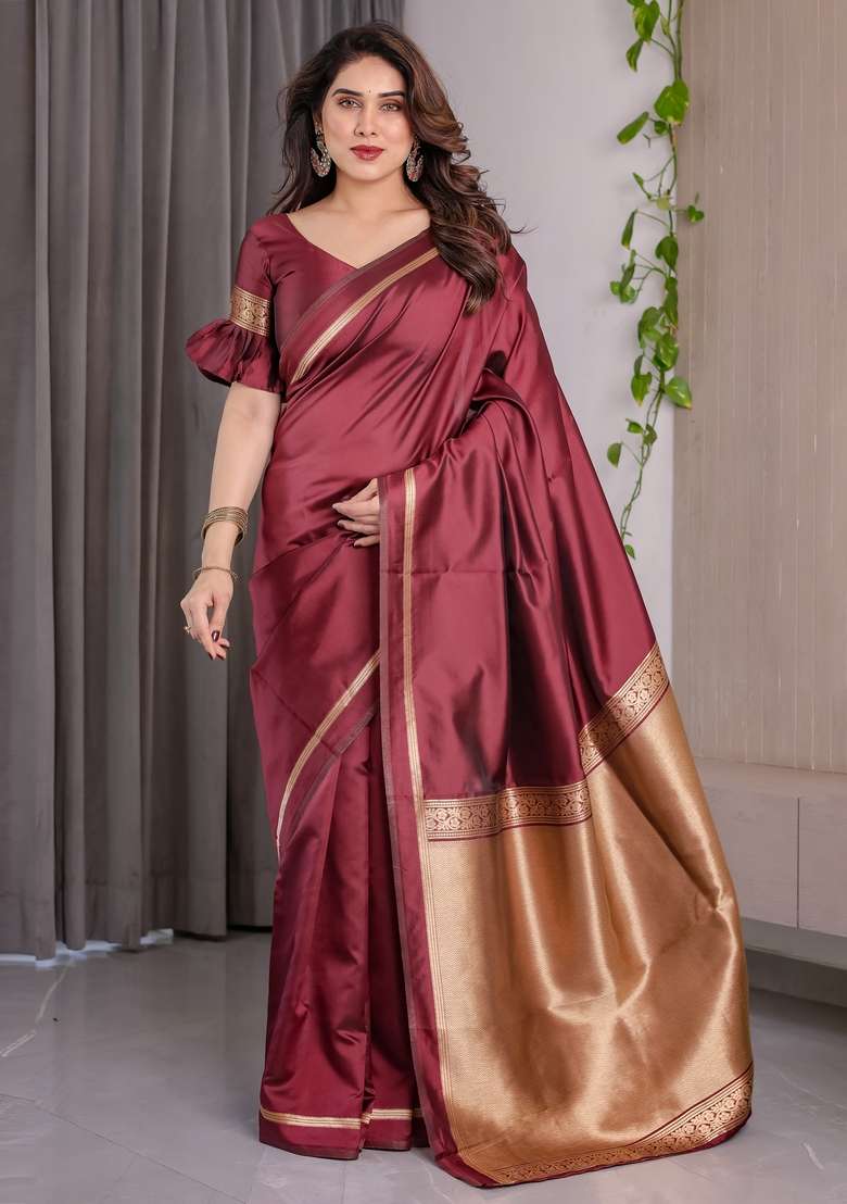 Maroon Silk Blend Saree Set with Zari Work for Diwali | Wedding & Festive Wear - Indya