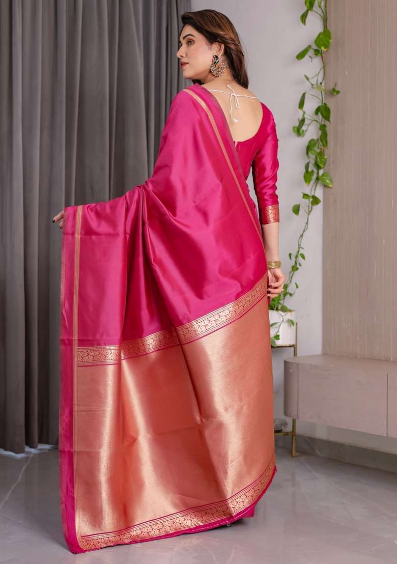 Pink Silk Blend Saree Set with Zari Work for Diwali | Wedding & Festive Wear - Indya