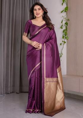 Wine Zari Work Silk Blend Saree Set