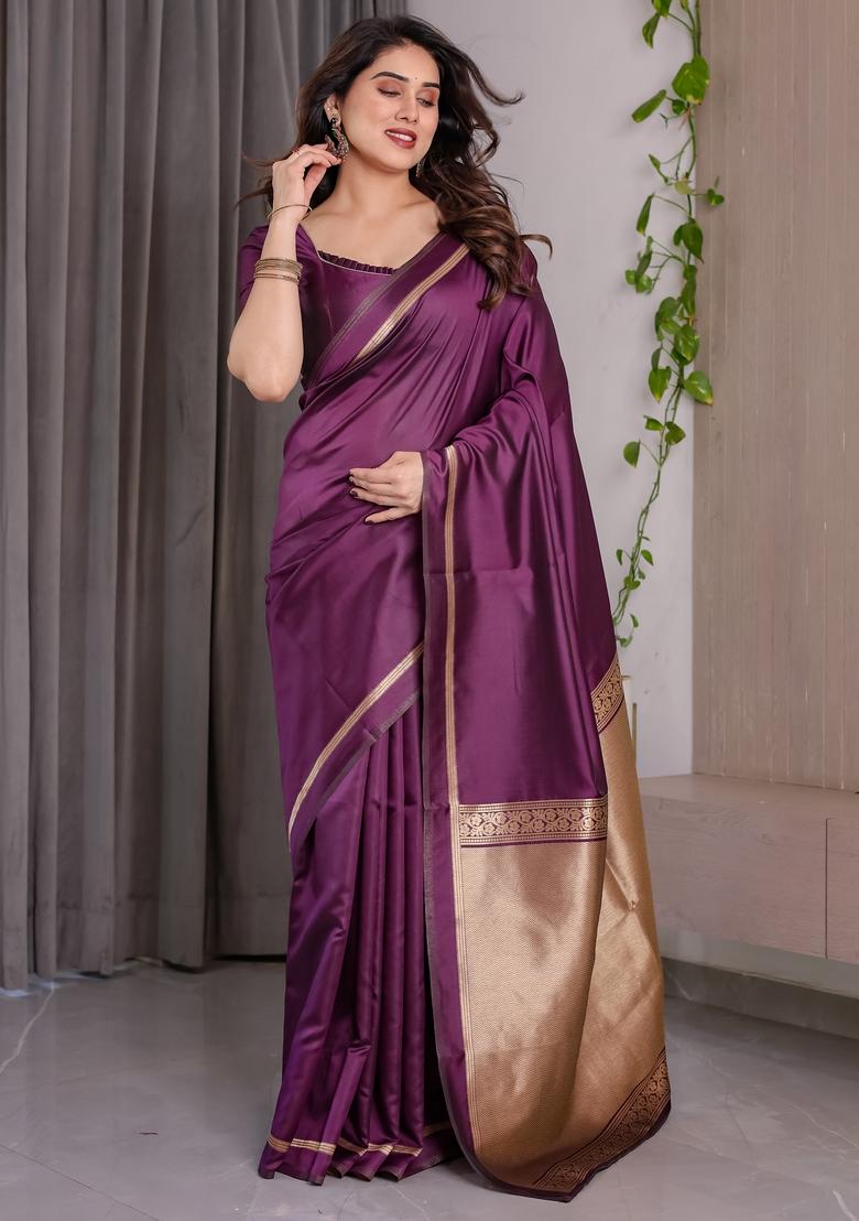 Wine Zari Work Silk Blend Saree Set - Indya