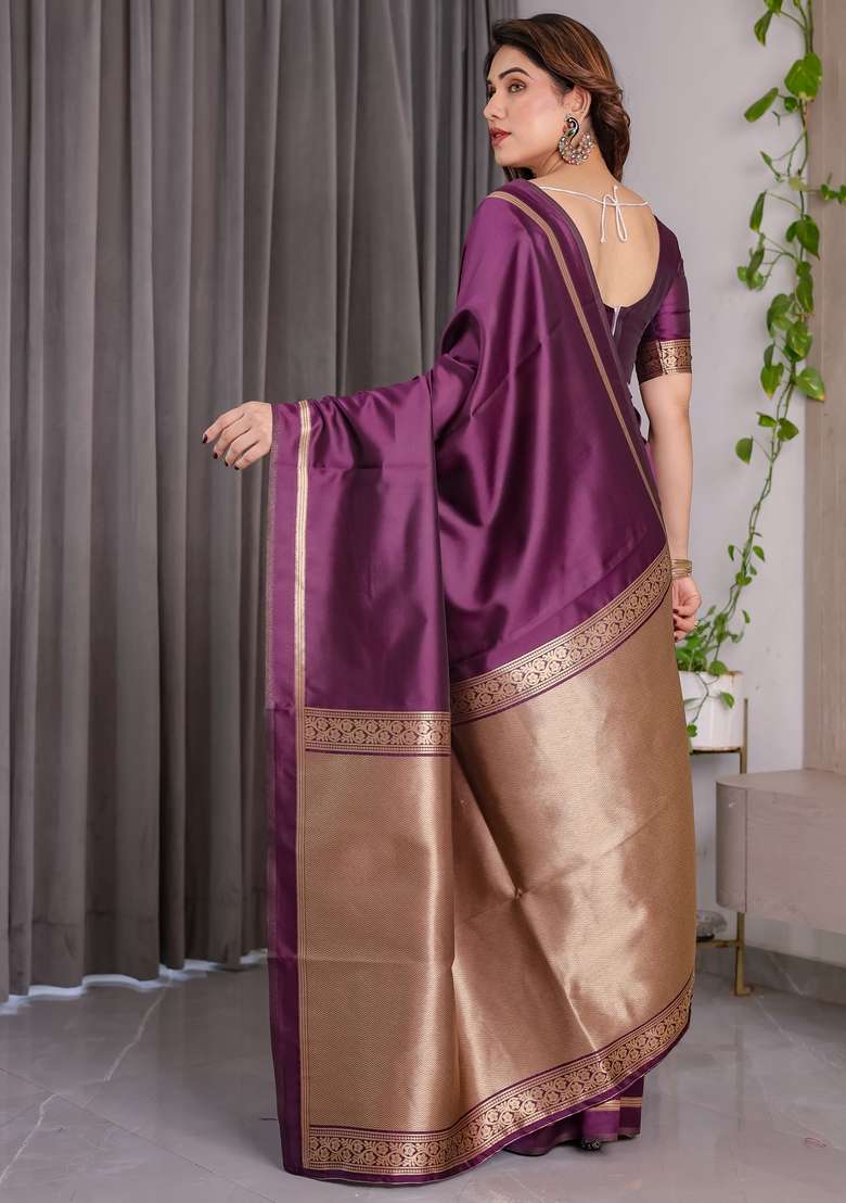 Wine Silk Blend Saree Set with Zari Work for Diwali | Wedding & Festive Wear - Indya
