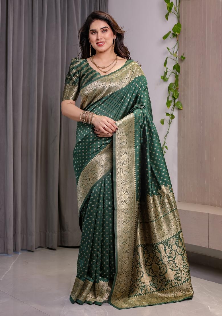 Green Zari Work Silk Blend Saree Set - Indya
