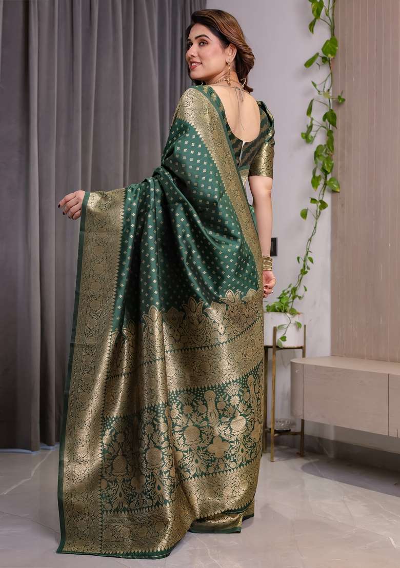 Green Silk Blend Saree Set with Zari Work for Diwali | Wedding & Festive Wear - Indya