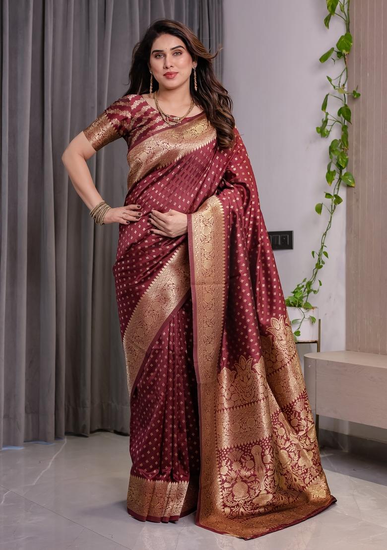 Maroon Zari Work Silk Blend Saree Set - Indya