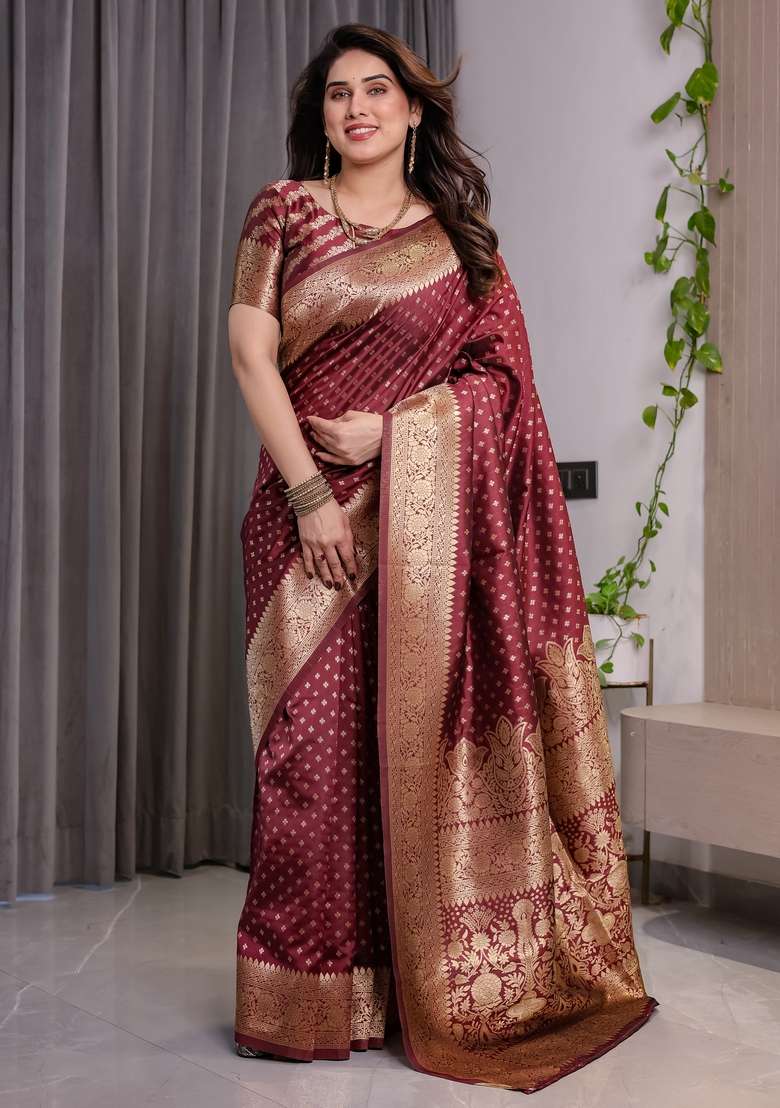 Maroon Zari Work Silk Blend Saree Set for Diwali and Festive Wear - Indya