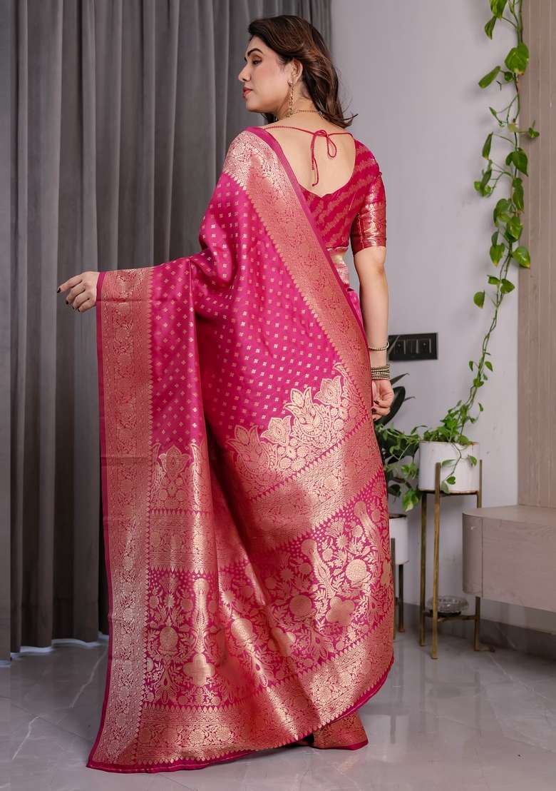 Pink Silk Blend Saree Set with Zari Work for Diwali | Wedding & Festive Wear - Indya