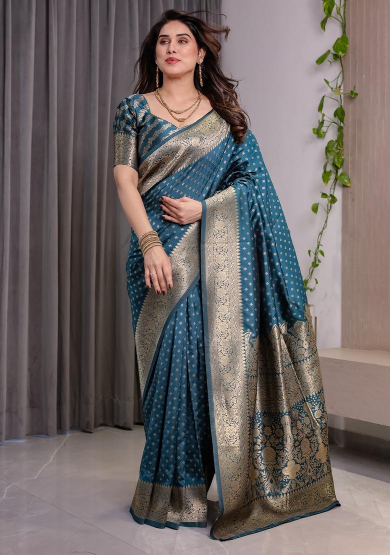 Blue Zari Work Silk Blend Saree Set - Indya