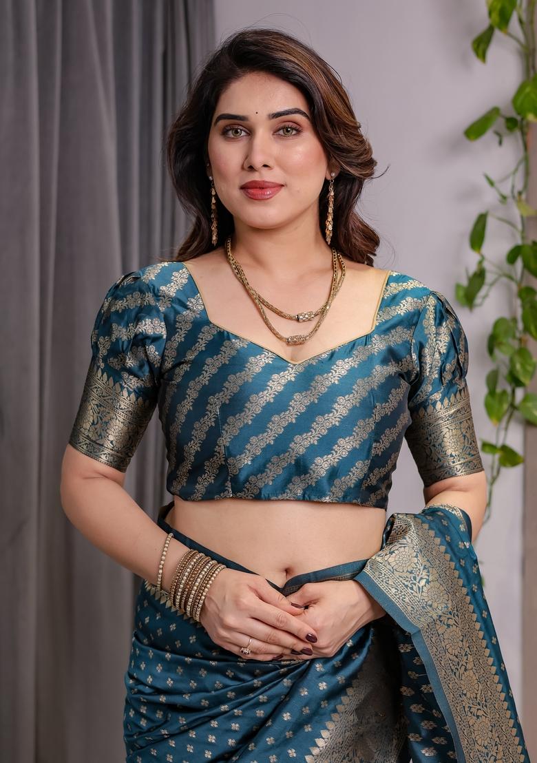 Blue Zari Work Silk Blend Saree Set - Indya