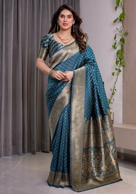 Blue Zari Work Silk Blend Saree Set