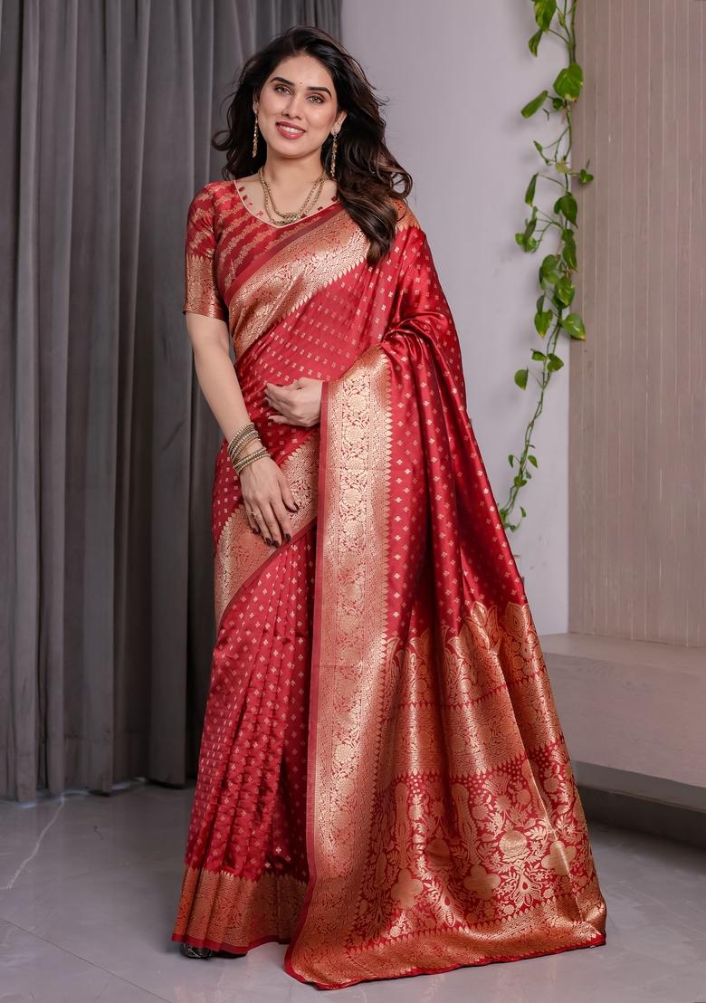 Red Zari Work Silk Blend Saree Set - Indya