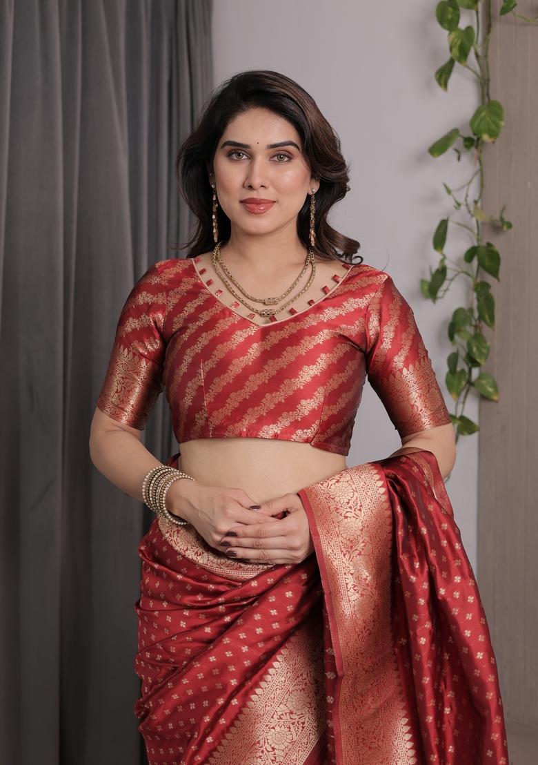 Red Zari Work Silk Blend Saree Set - Indya