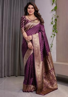 Wine Zari Work Silk Blend Saree Set