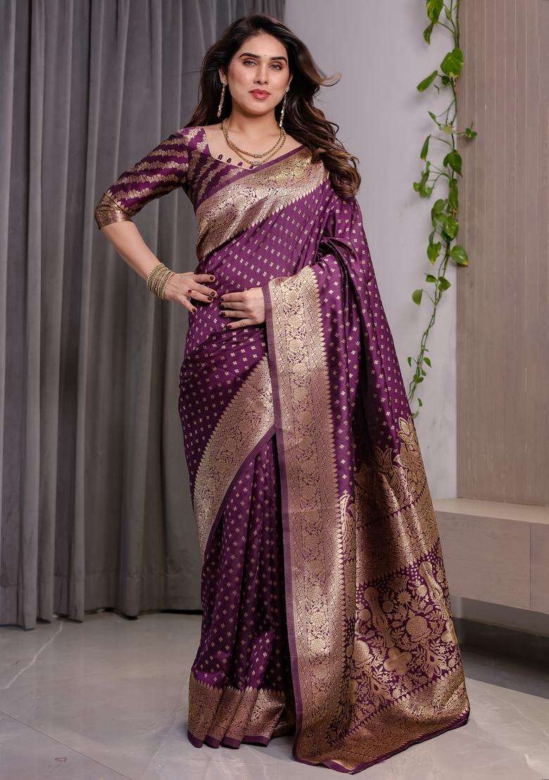 Wine Zari Work Silk Blend Saree Set - Indya