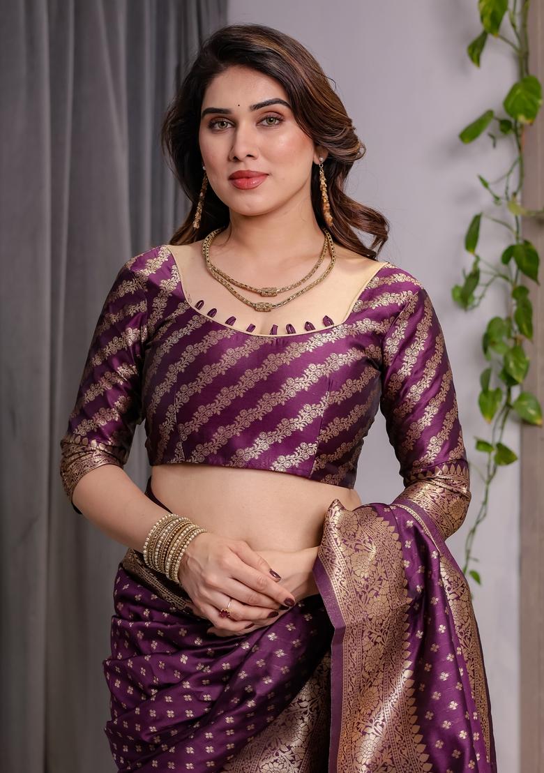 Wine Zari Work Silk Blend Saree Set - Indya