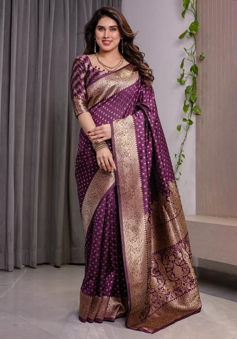 Wine Zari Work Silk Blend Saree Set