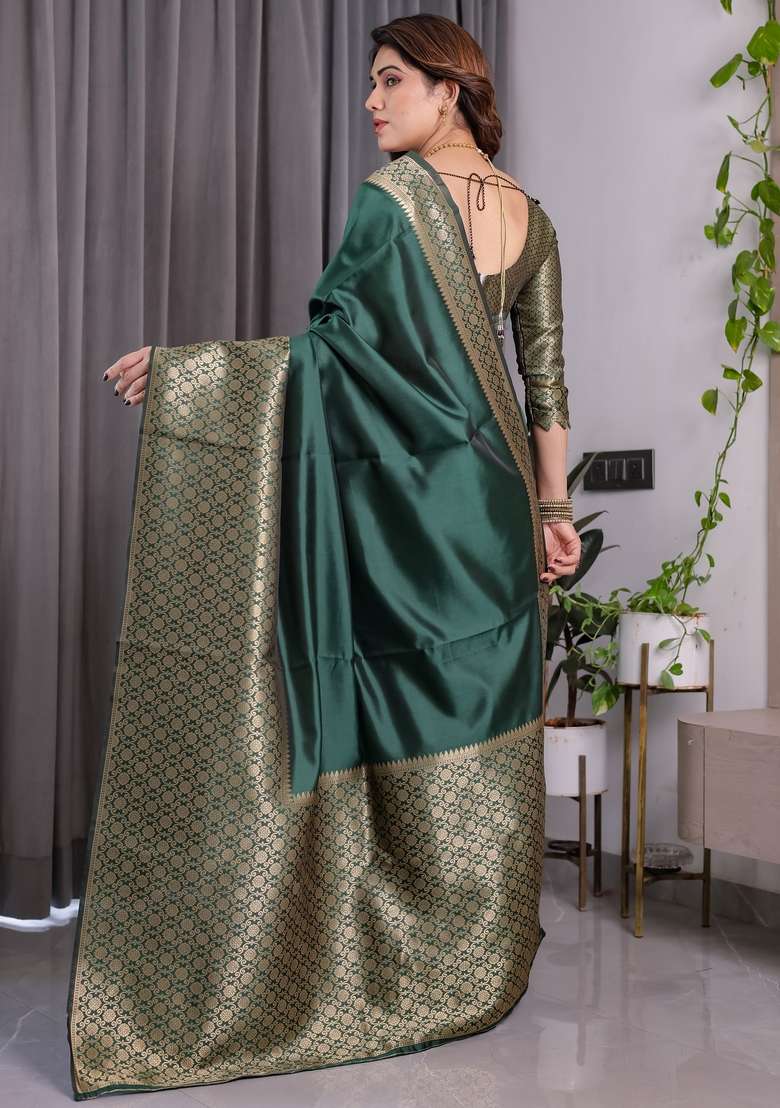 Green Zari Work Silk Blend Saree Set for Diwali and Festive Wear - Indya