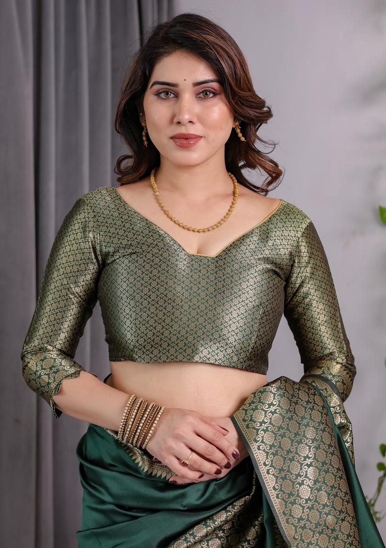 Green Zari Work Silk Blend Saree Set - Indya
