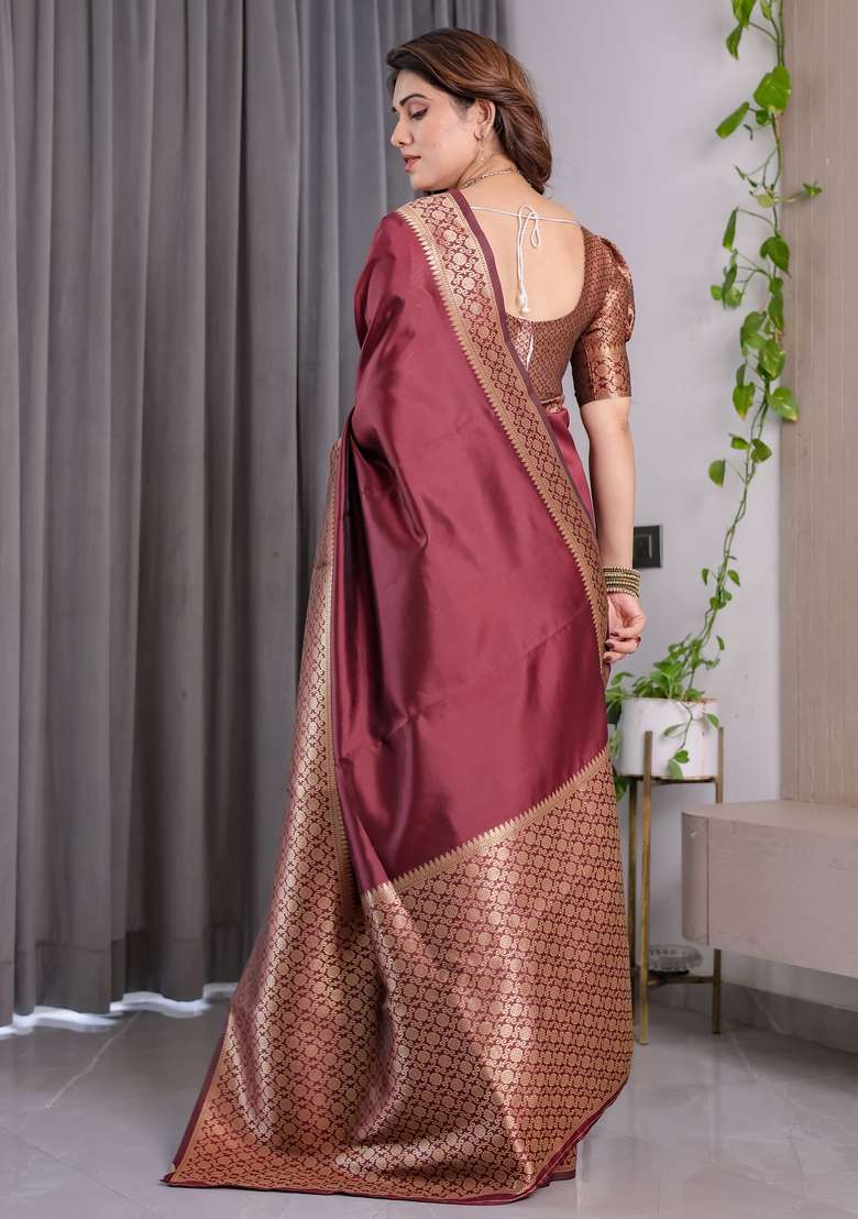 Maroon Silk Blend Saree Set with Zari Work for Diwali | Wedding & Festive Wear - Indya
