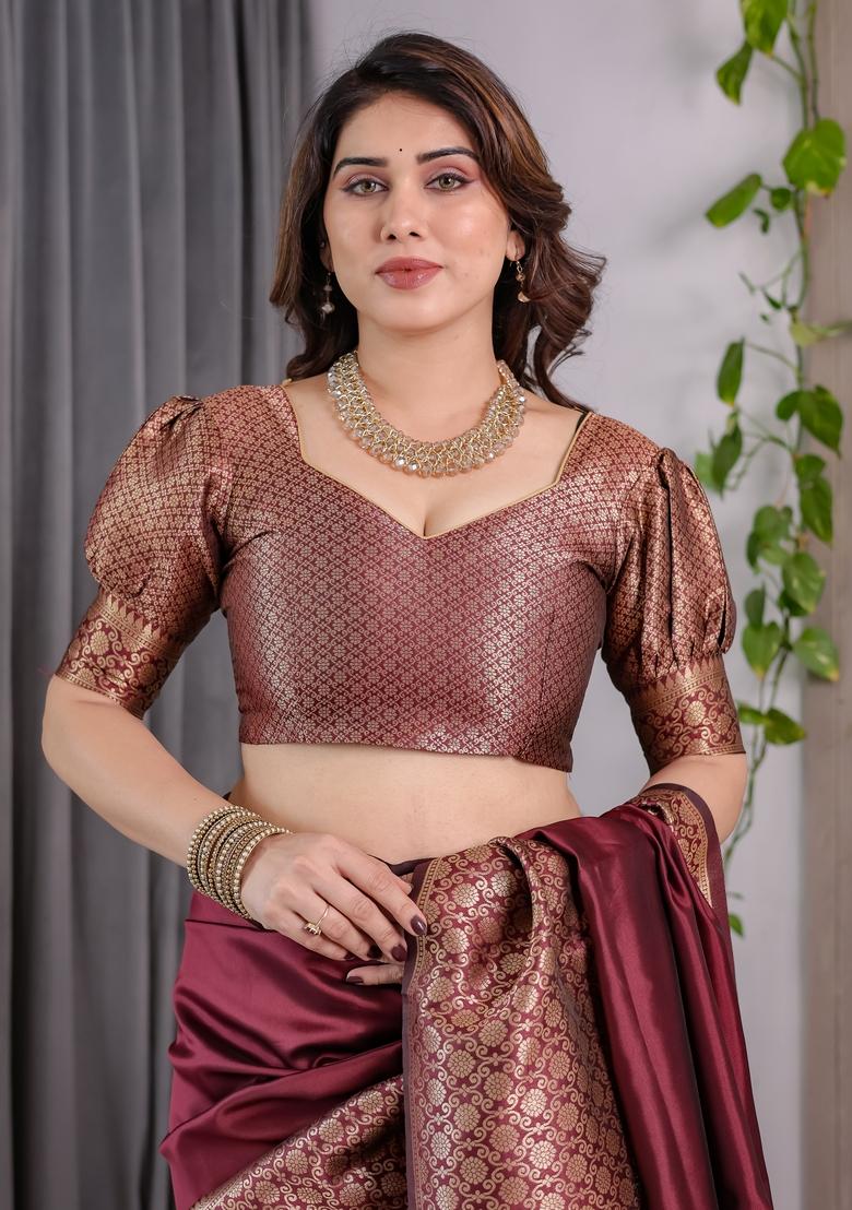 Maroon Zari Work Silk Blend Saree Set - Indya