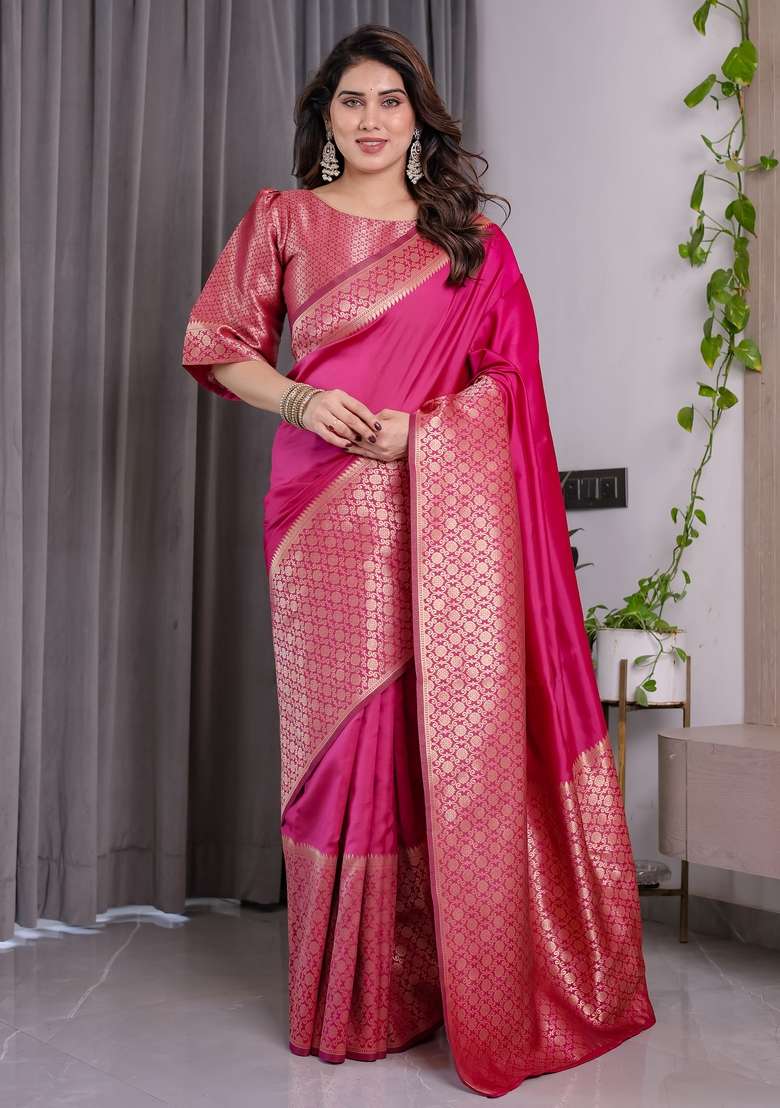 Pink Silk Blend Saree Set with Zari Work for Diwali | Wedding & Festive Wear - Indya