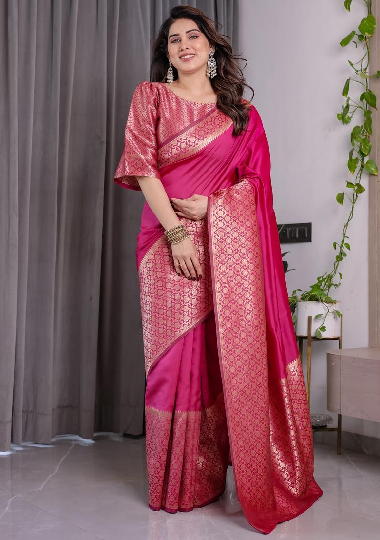 Pink Zari Work Silk Blend Saree Set - Indya