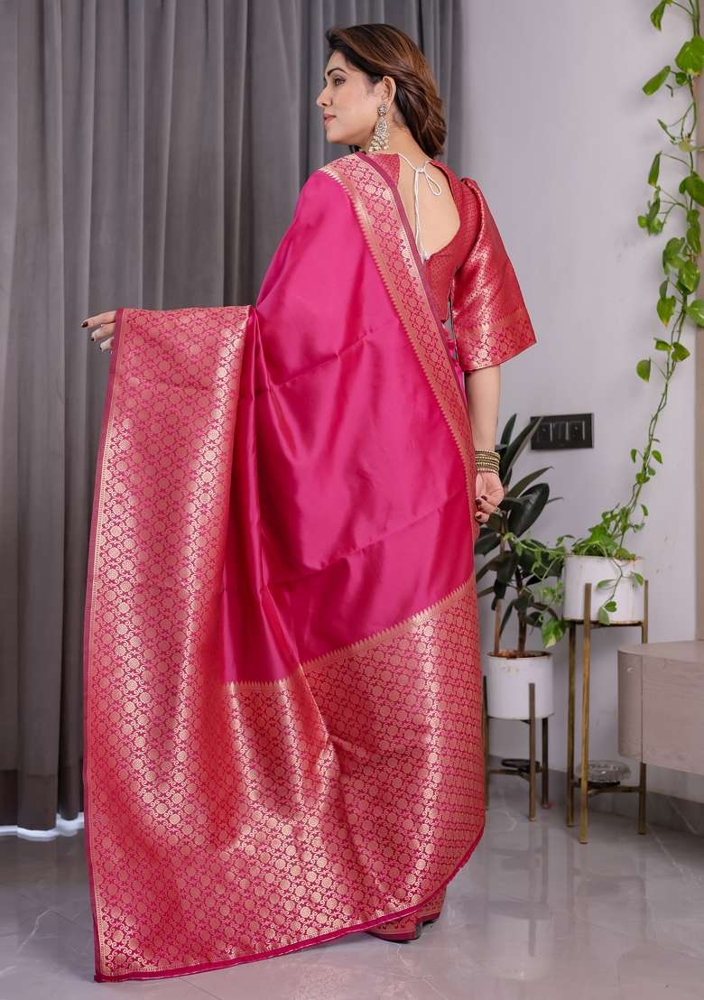 Pink Silk Blend Saree Set with Zari Work for Diwali | Wedding & Festive Wear - Indya